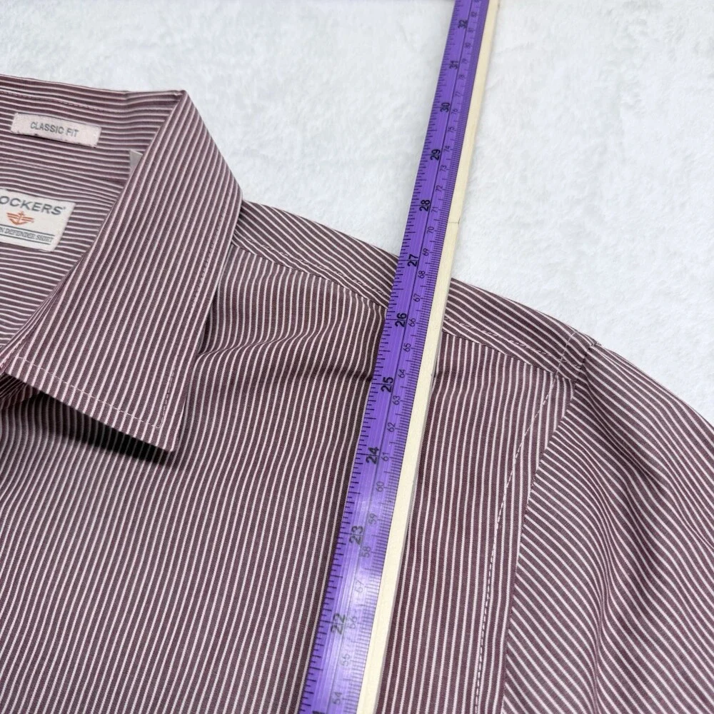 Men’s Dockers Button Dow Shirt, Burgundy And White Pinstripe, Size Large